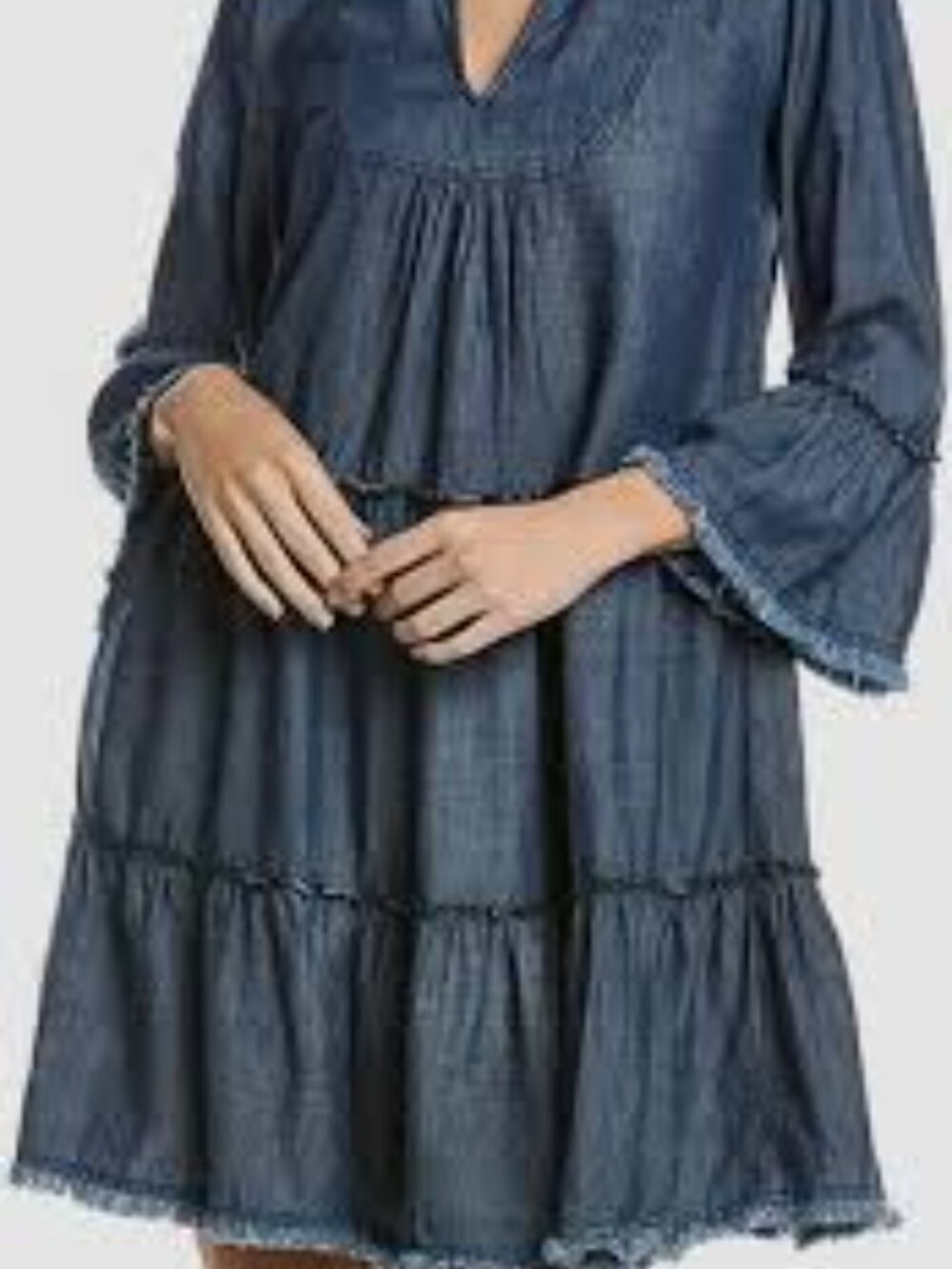 Trina Turk Movie Colony Tiered Dress Chambray Blue Frayed Hem Shift Medium M